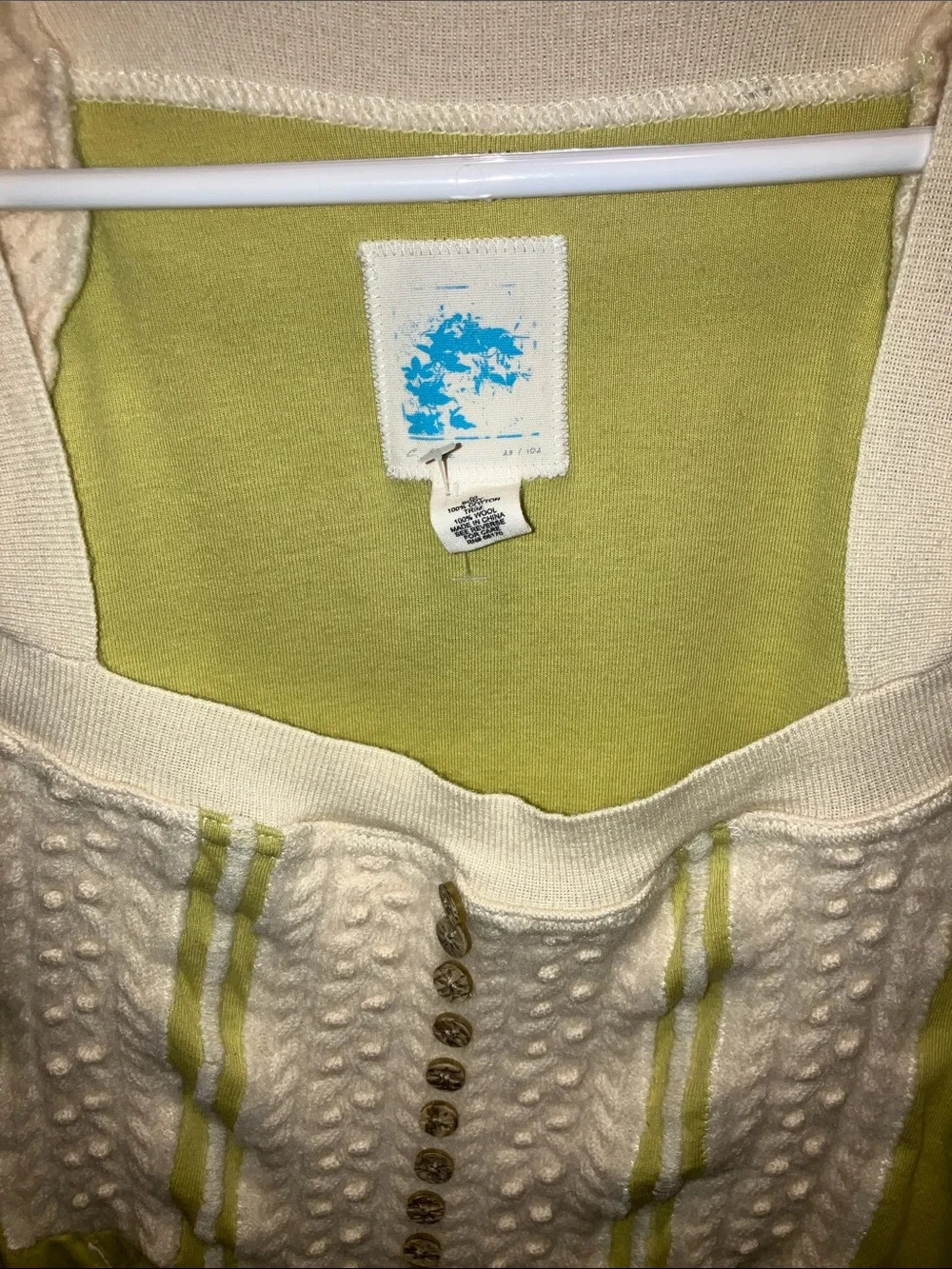 Anthropologie C. KEER Cream and Light Green Knit-Panel Puff Sleeve Top MEDIUM